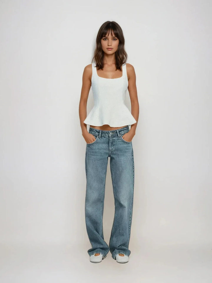 Slim-fit Square Collar Sleeveless Peplum Top