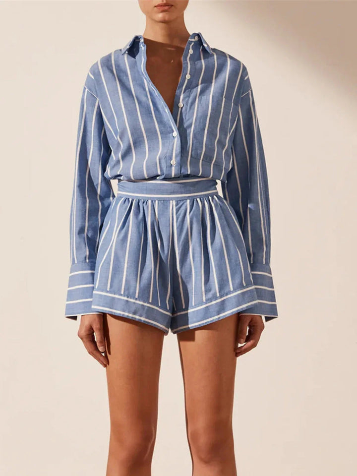Blue Striped Shirt & Shorts Matching Set