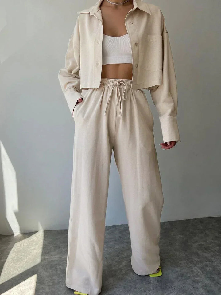 Casual Collared Drawstring Two Piece Pants Set