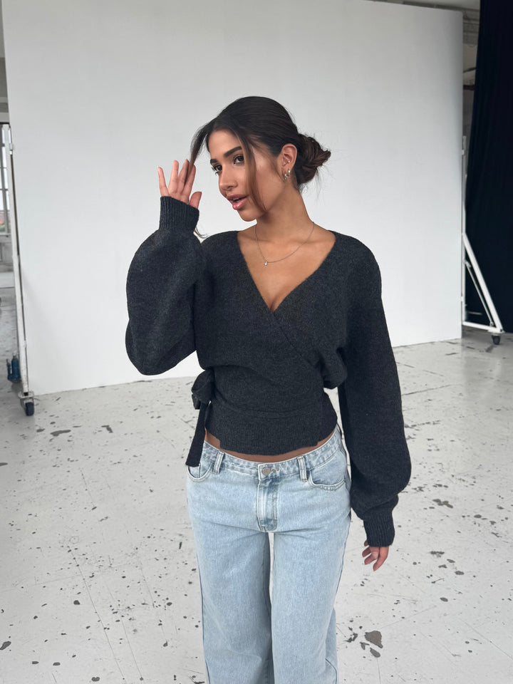 Wool blend wrap cardigan - dark grey