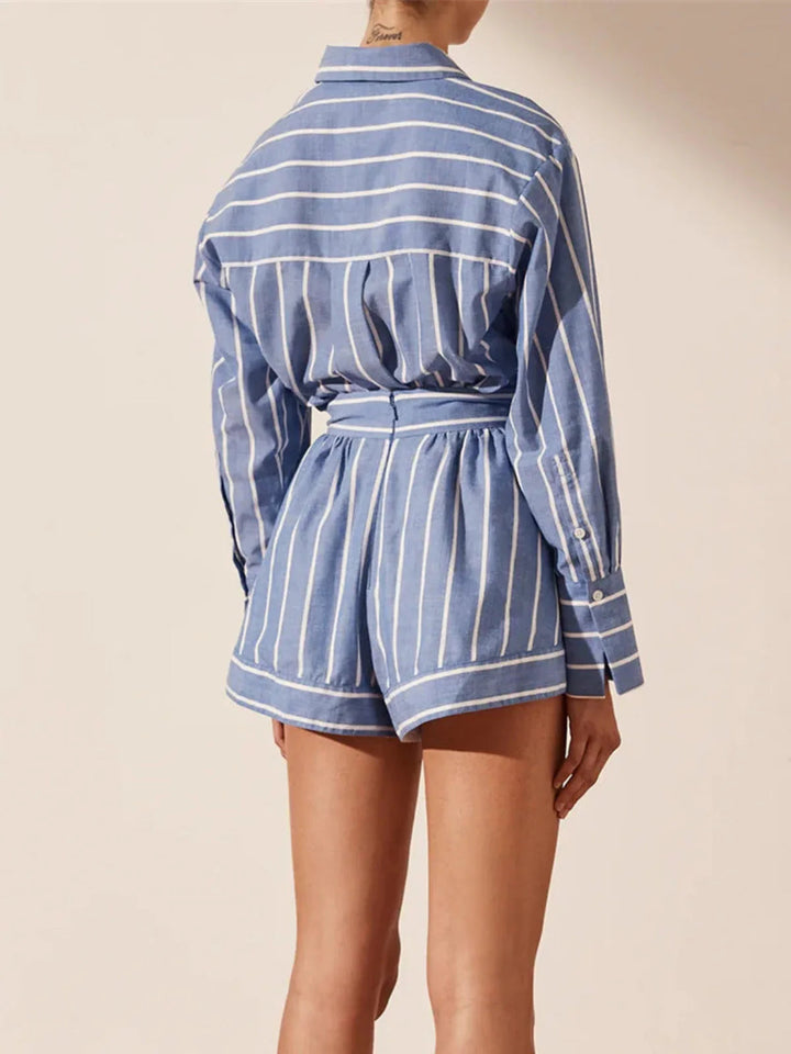 Blue Striped Shirt & Shorts Matching Set