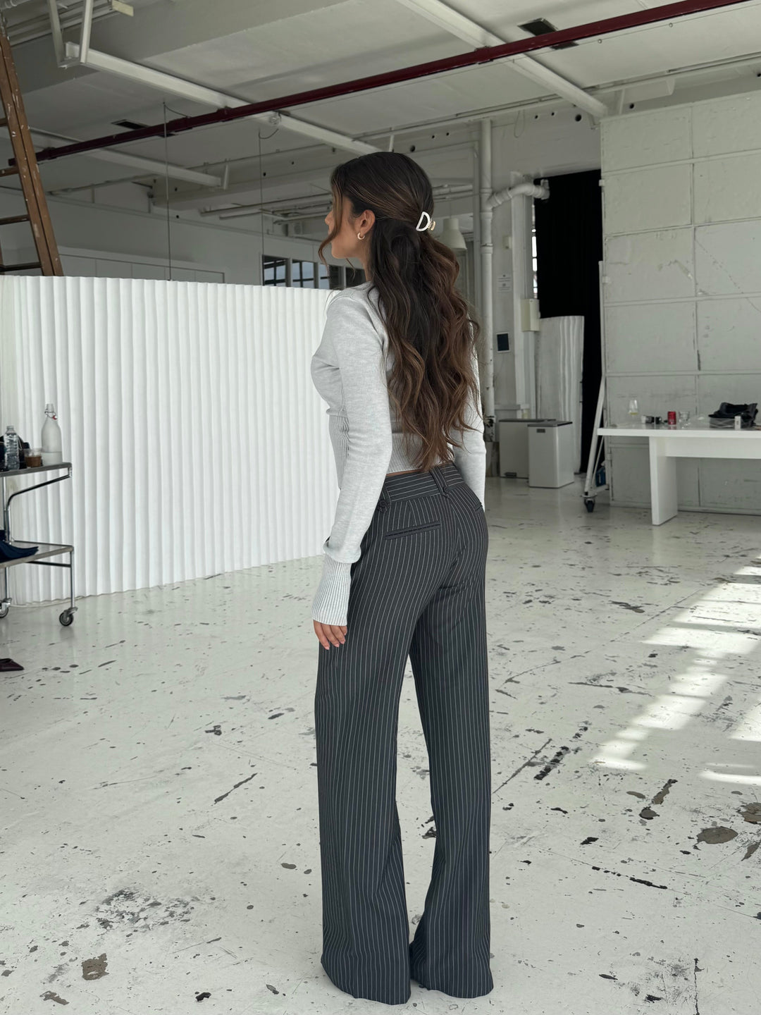 Button Low Waist Pants – Dark Grey Striped