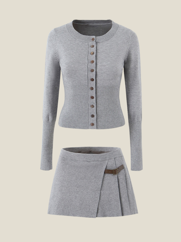 Cleo Knit Button-Up And Mini Skirt Set