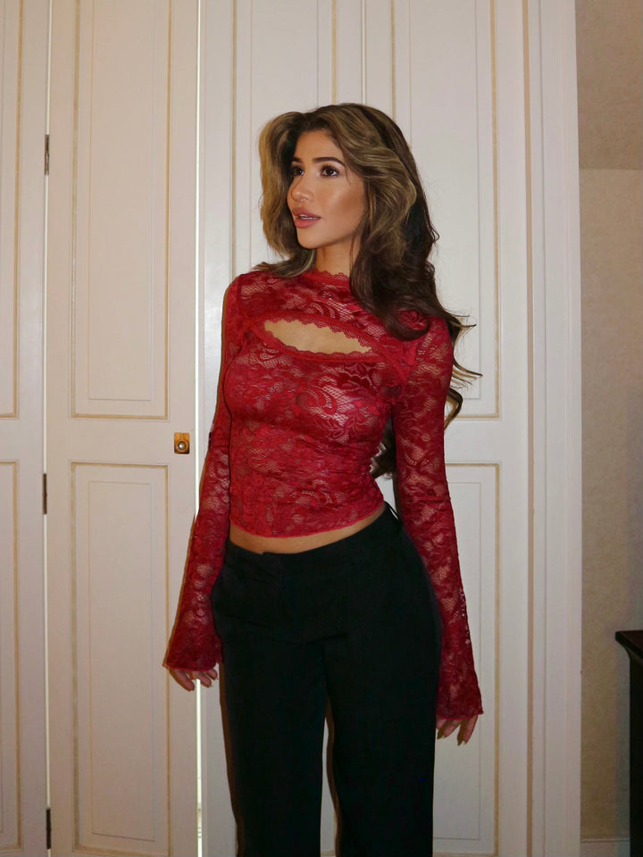 Cut lace top - dark red (pre-order)