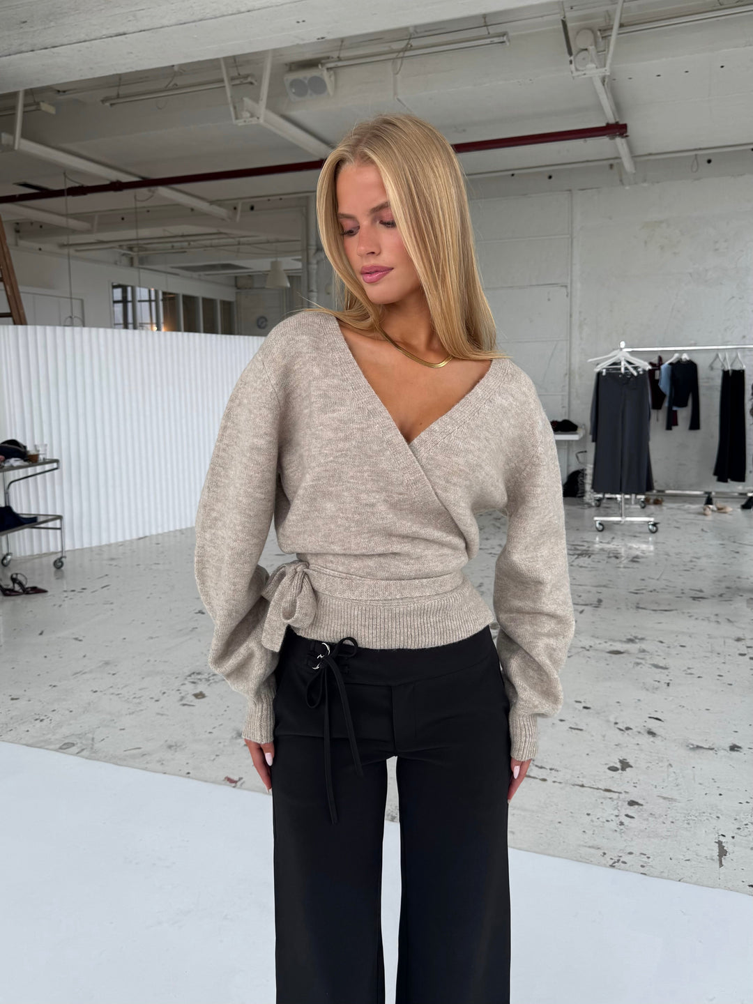 Wool blend wrap cardigan - beige