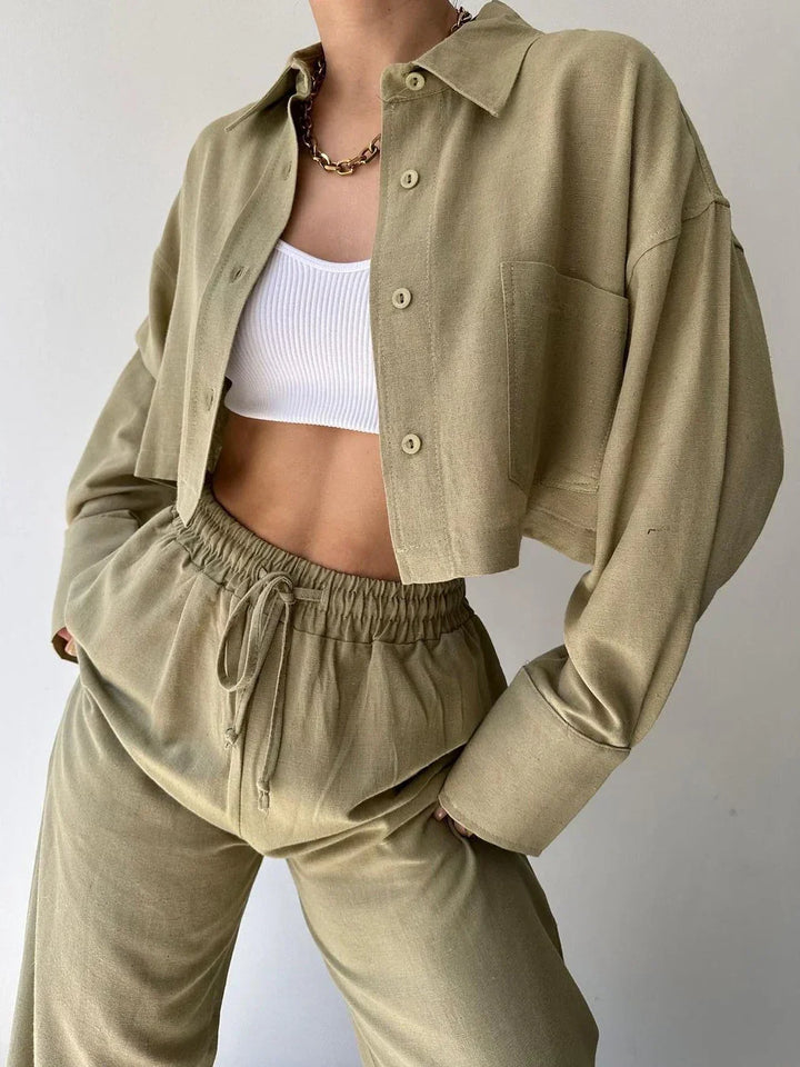 Casual Collared Drawstring Two Piece Pants Set
