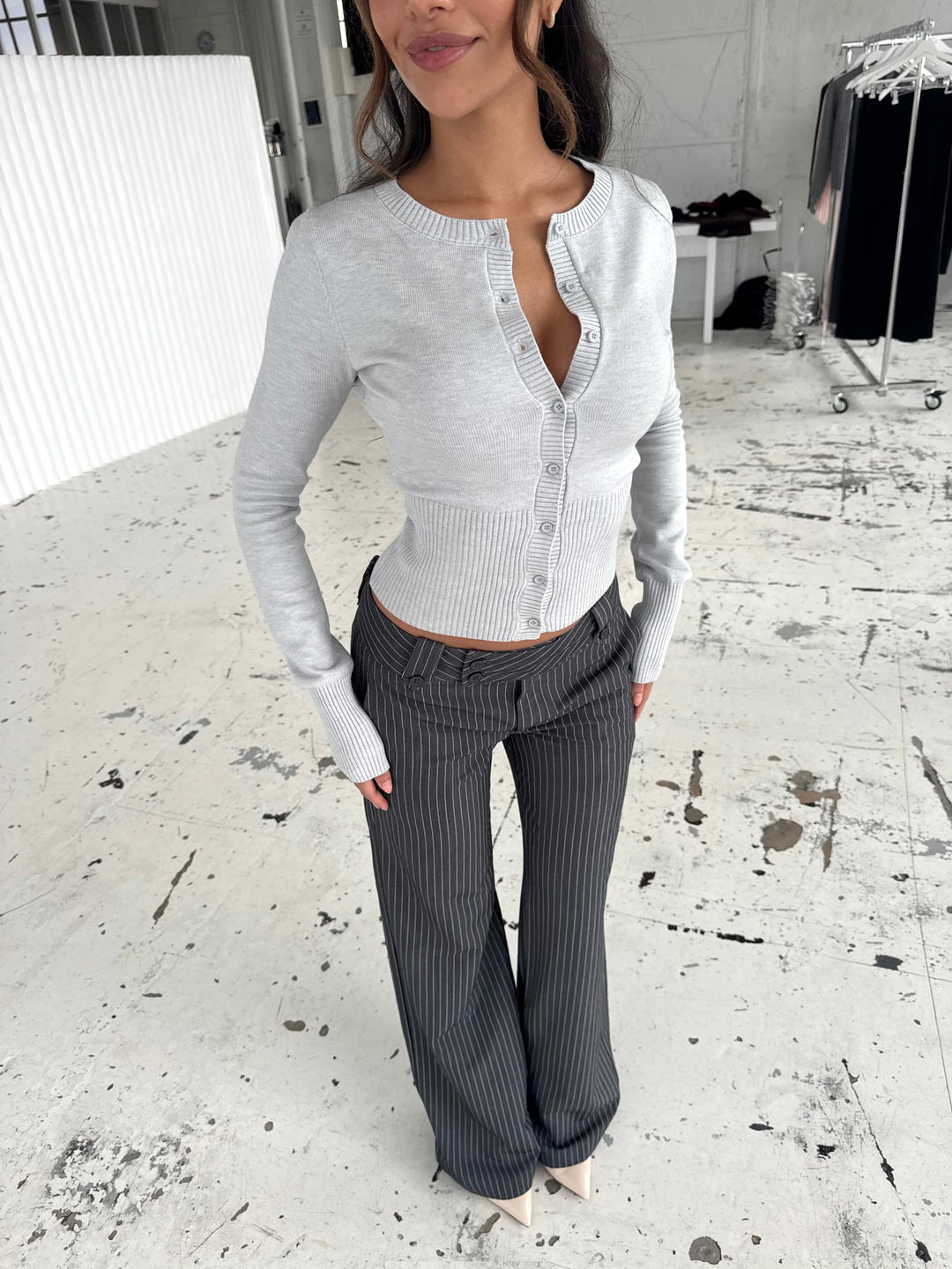 Button Low Waist Pants – Dark Grey Striped