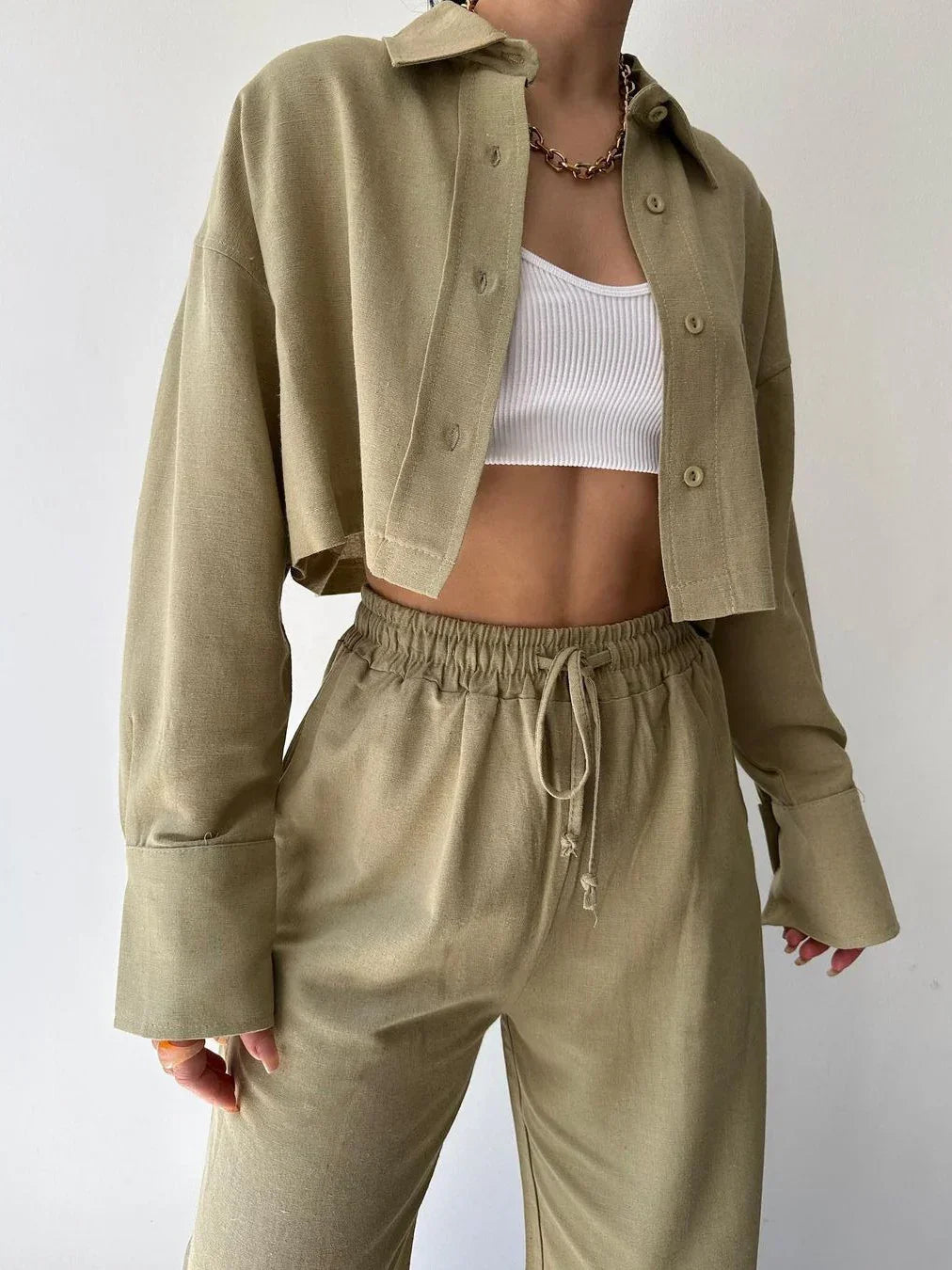 Casual Collared Drawstring Two Piece Pants Set