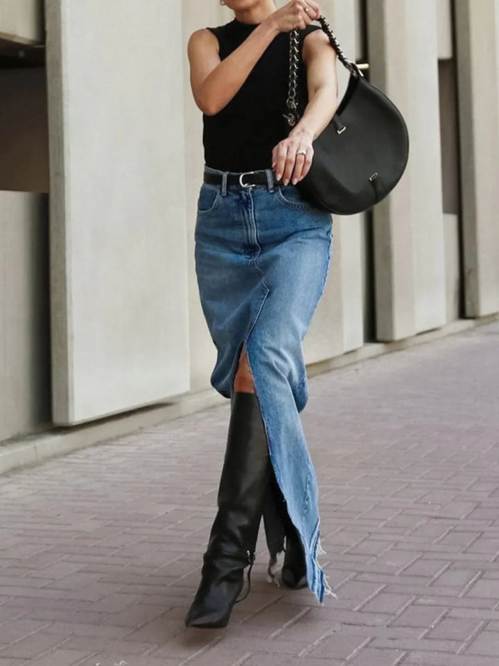 Casual Front Slit Denim Maxi Skirt
