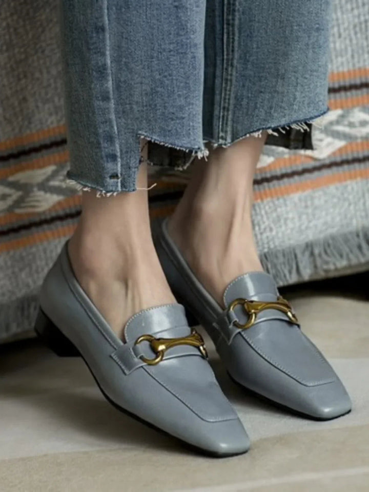 Leather Flat Shoes With Low Heel Metal Accent Square Toe