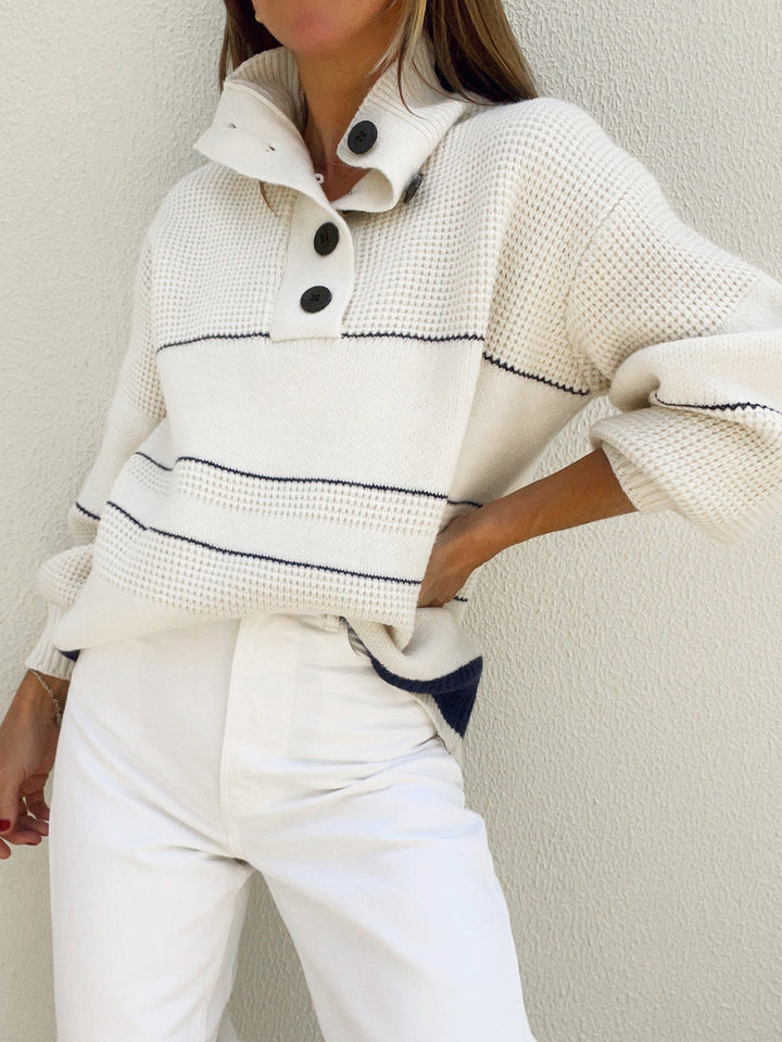 Striped High Collar Button Knit Sweater