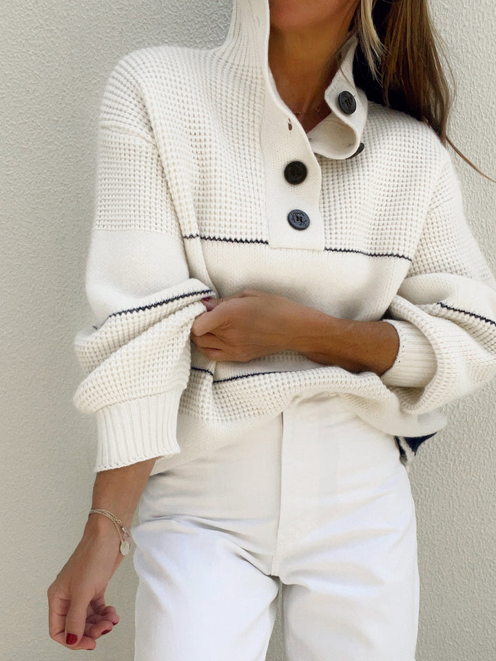 Striped High Collar Button Knit Sweater