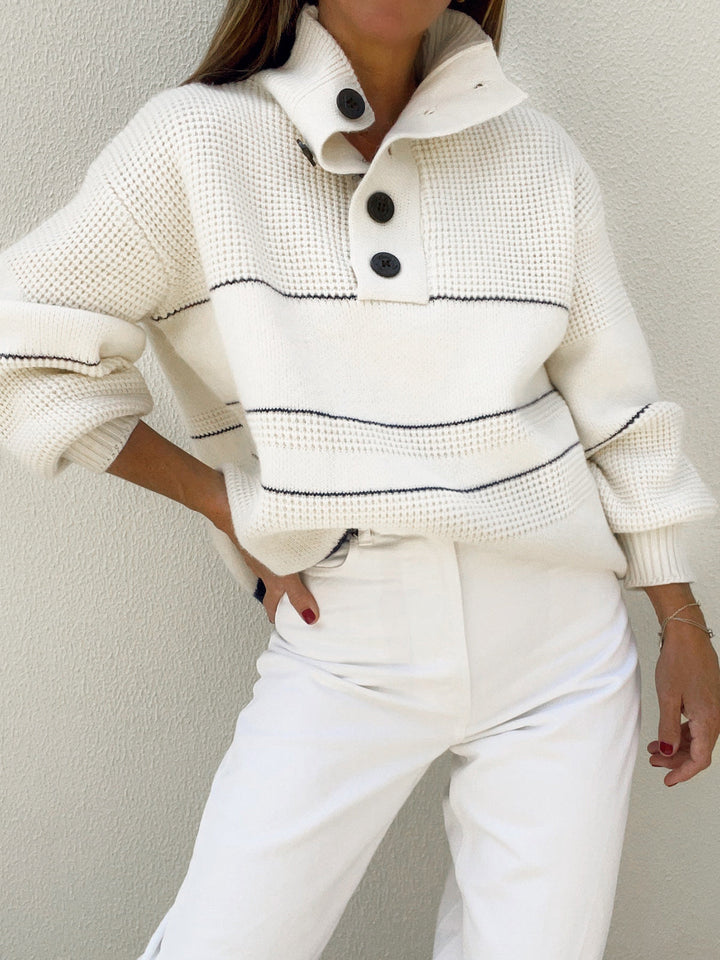 Striped High Collar Button Knit Sweater