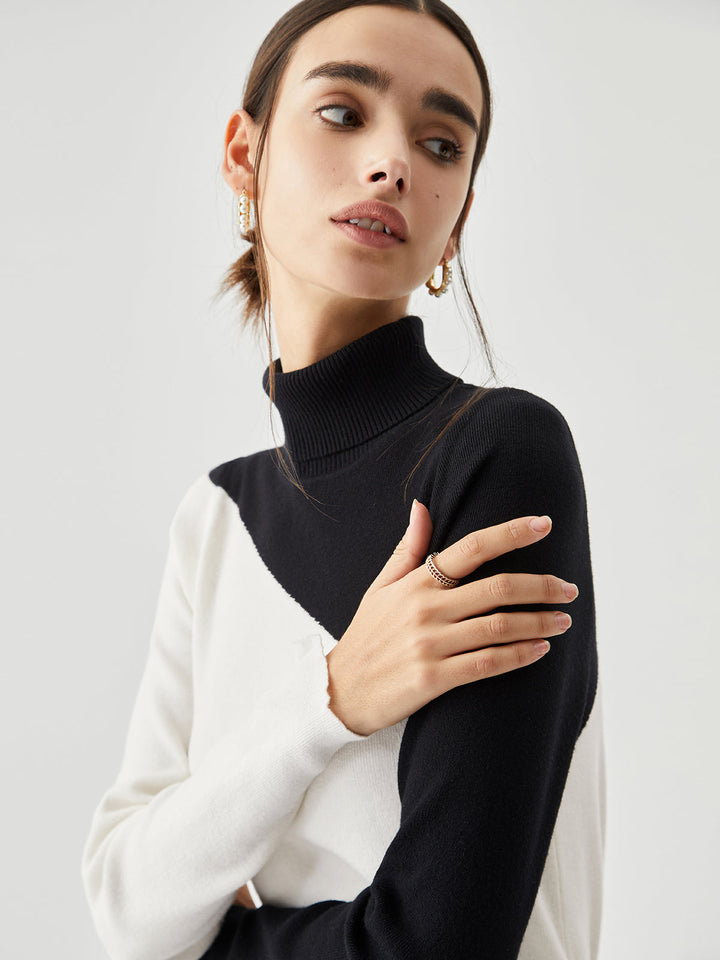 Asymmetrical Colourblock Ribbed Turtleneck Sweater