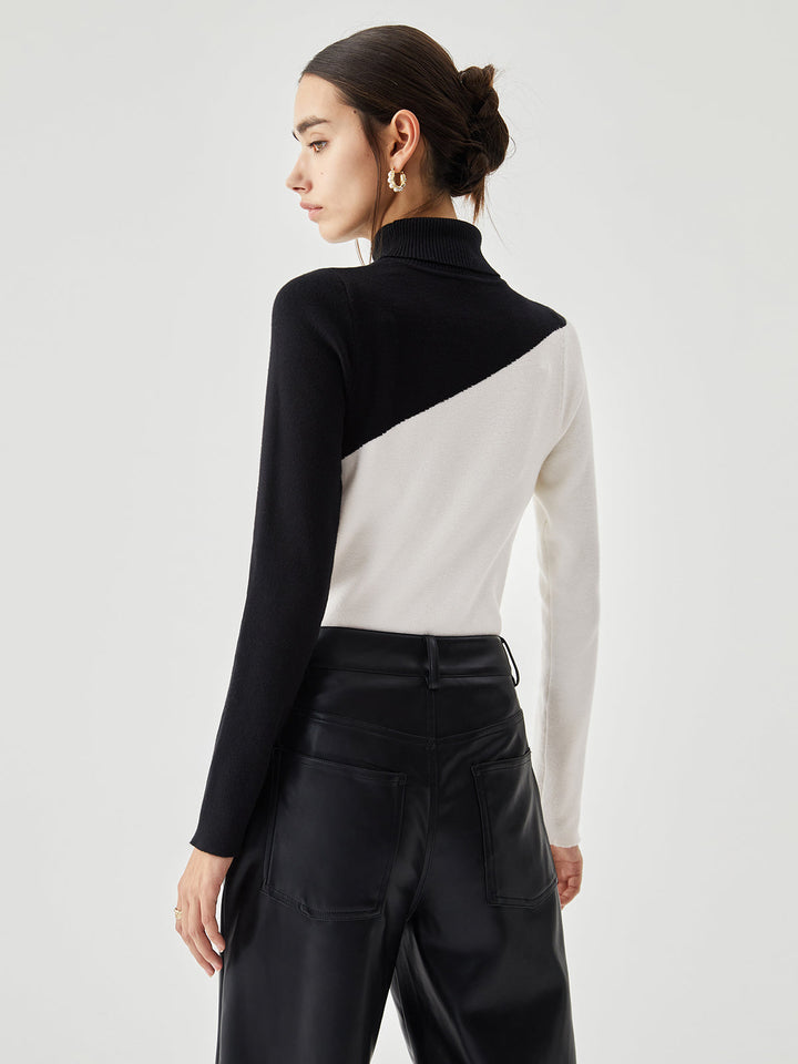 Asymmetrical Colourblock Ribbed Turtleneck Sweater