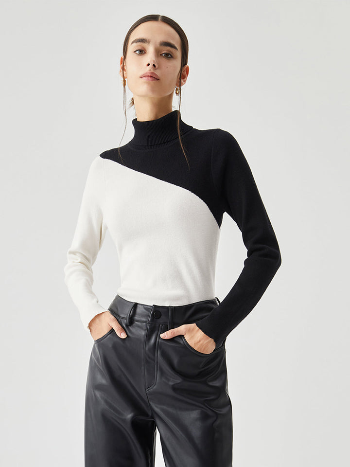 Asymmetrical Colourblock Ribbed Turtleneck Sweater
