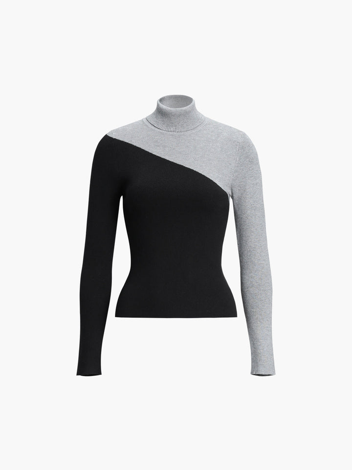 Asymmetrical Colourblock Ribbed Turtleneck Sweater