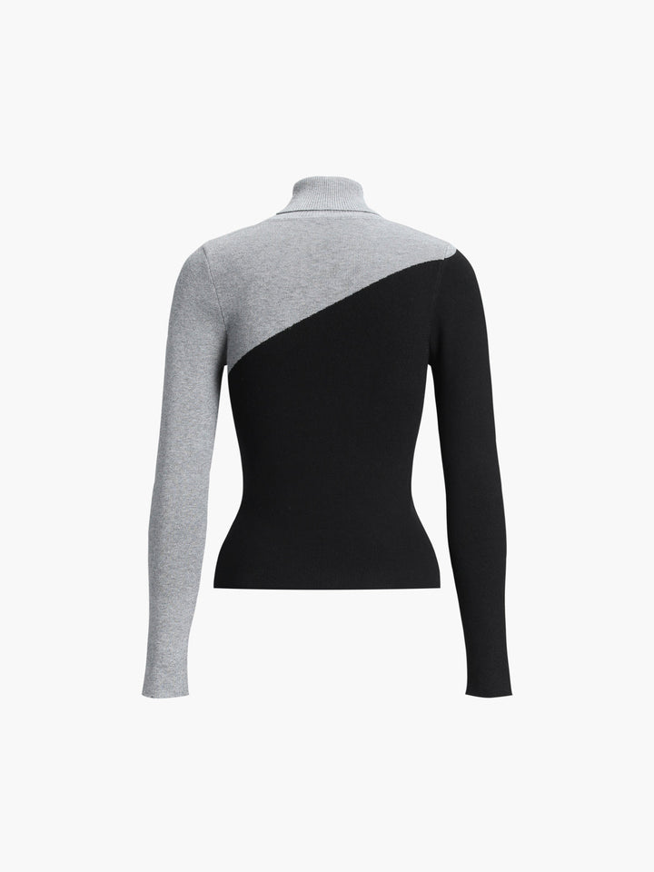 Asymmetrical Colourblock Ribbed Turtleneck Sweater