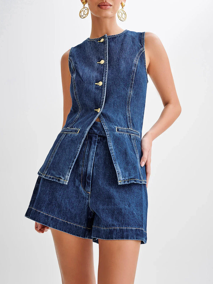 Denim Vest & Shorts Matching Suit