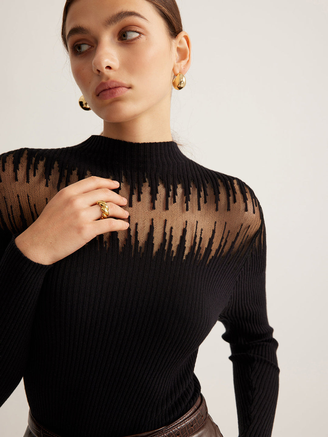 Textured Sheer Yoke Ribbed Top