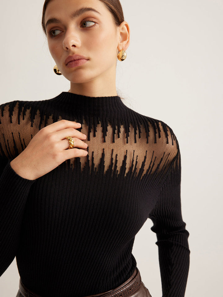 Textured Sheer Yoke Ribbed Top