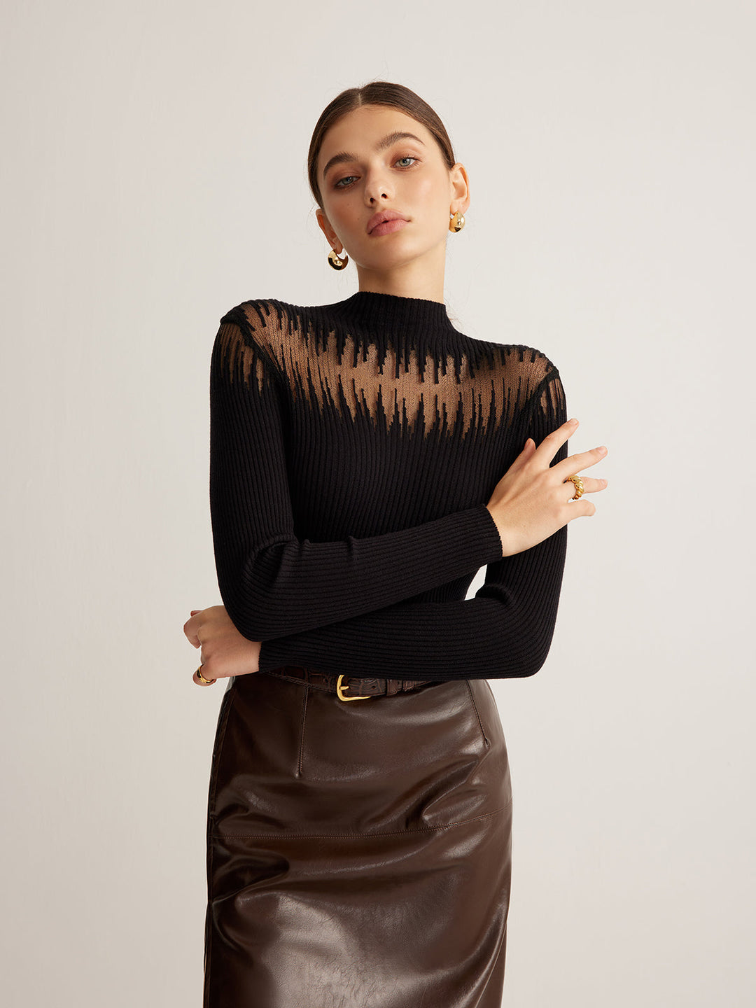 Textured Sheer Yoke Ribbed Top