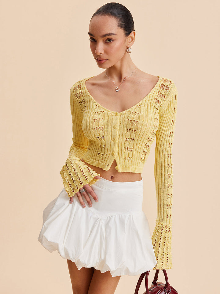 Limoncello Flare-Sleeve Crochet Cardigan