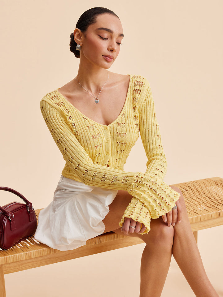 Limoncello Flare-Sleeve Crochet Cardigan