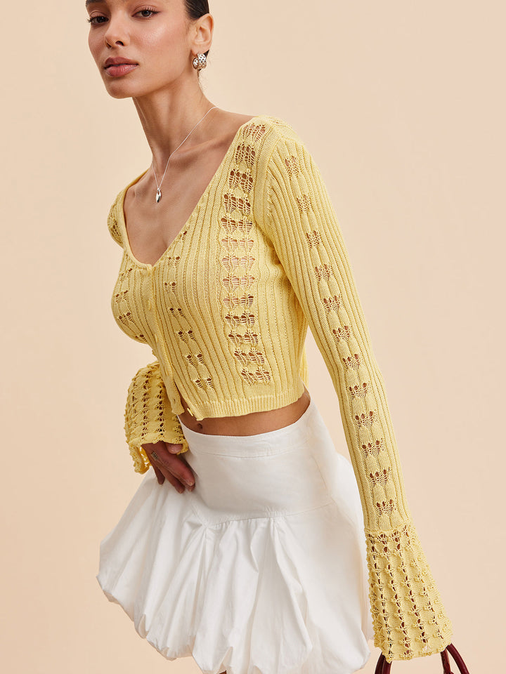 Limoncello Flare-Sleeve Crochet Cardigan