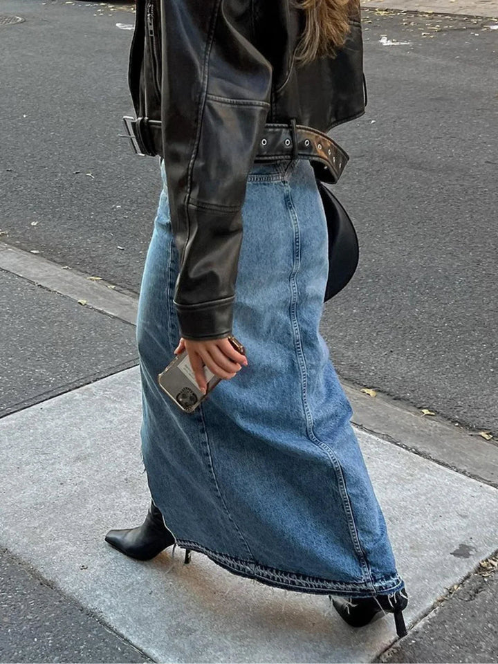 Casual Front Slit Denim Maxi Skirt