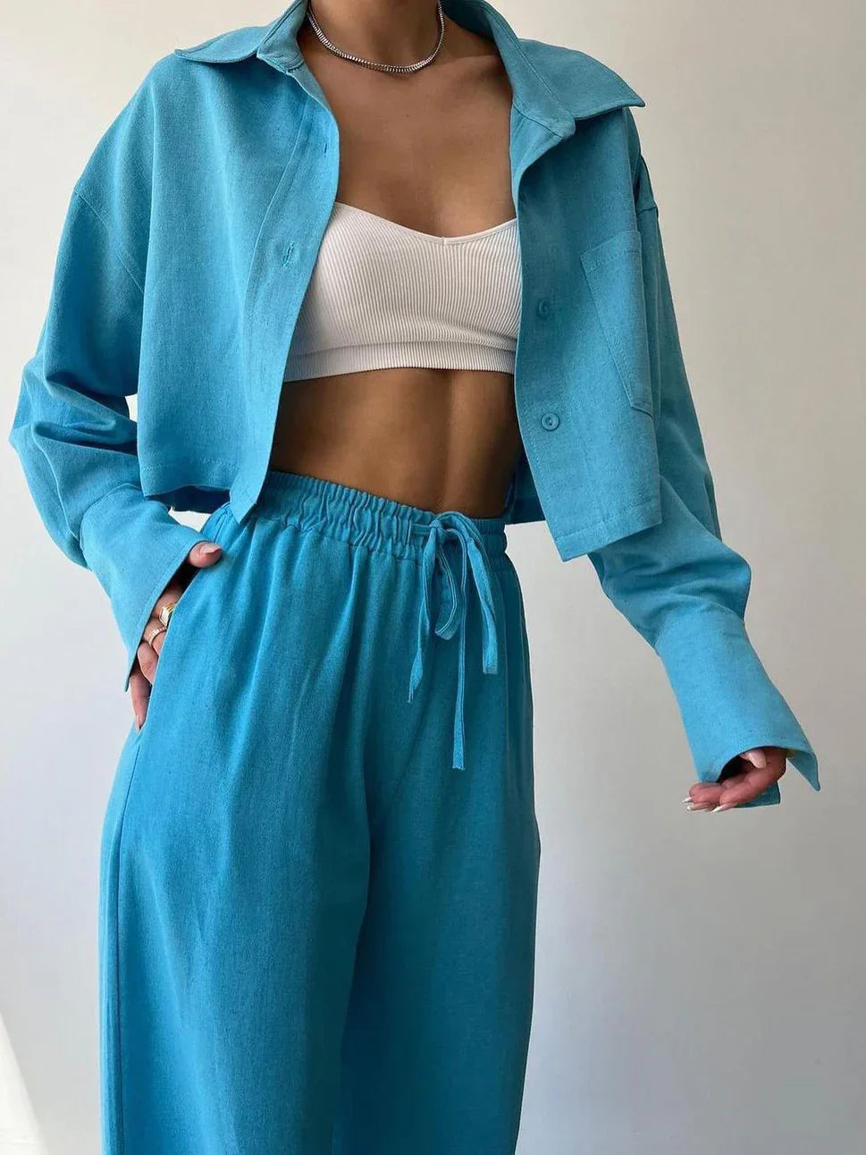 Casual Collared Drawstring Two Piece Pants Set