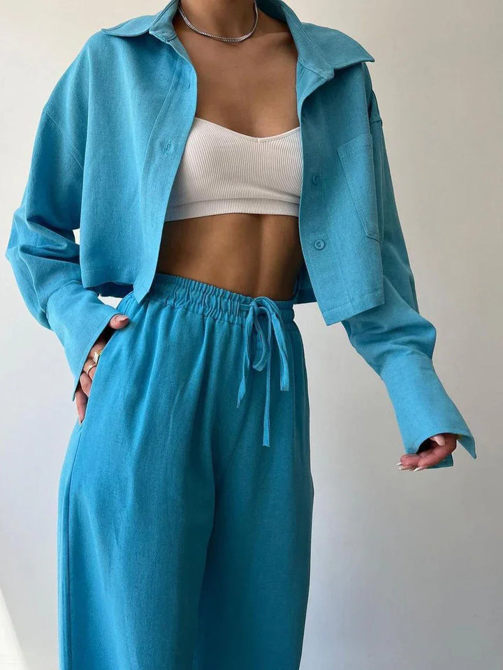 Casual Collared Drawstring Two Piece Pants Set