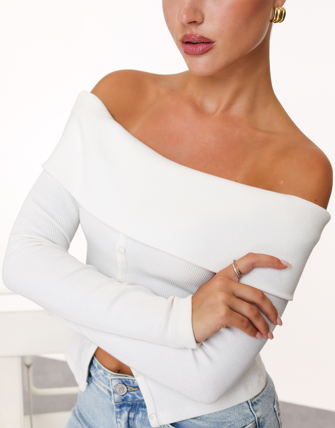 White Off Shoulder Buttons LS - Top