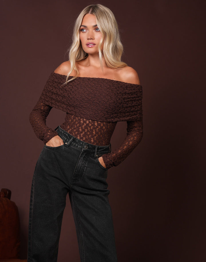 Brown Turn-Down Off-Shoulder Top