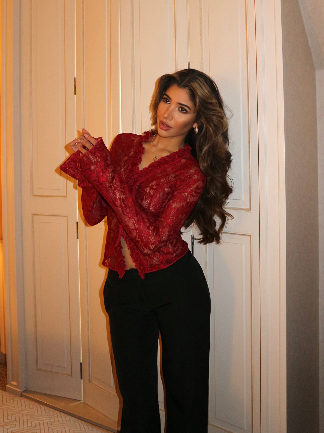 Trim lace top - dark red