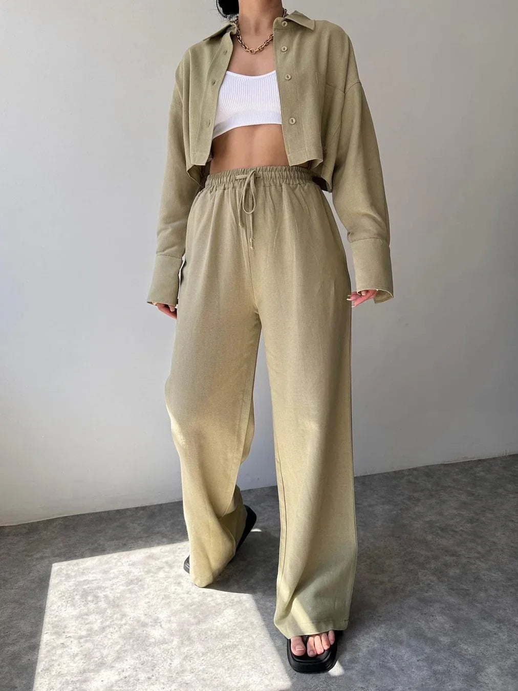 Casual Collared Drawstring Two Piece Pants Set