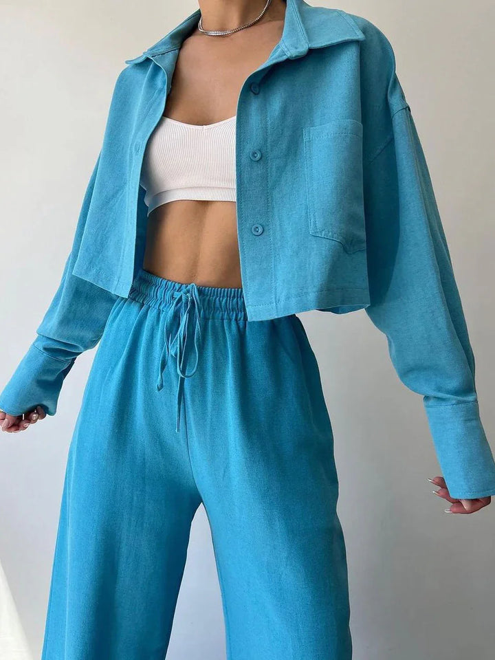 Casual Collared Drawstring Two Piece Pants Set