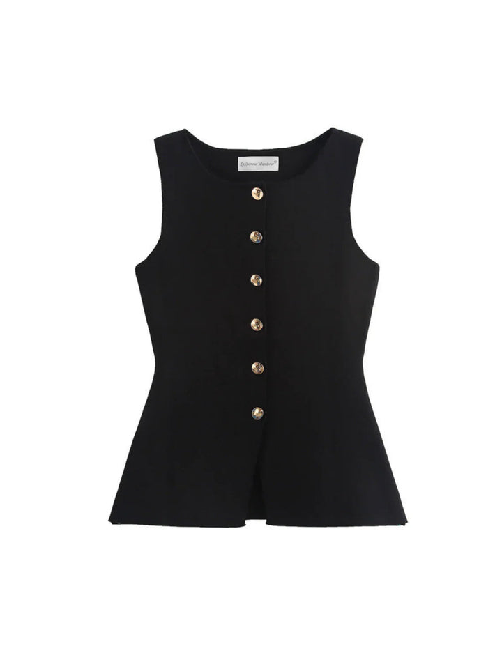Sleeveless Square-Neck Buttoned Top With Split Hem