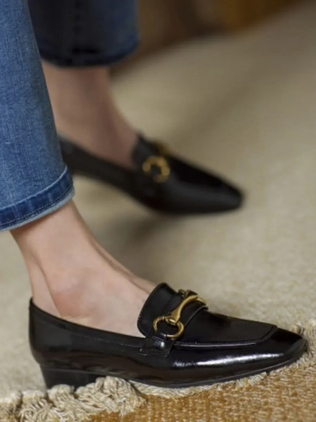 Leather Flat Shoes With Low Heel Metal Accent Square Toe