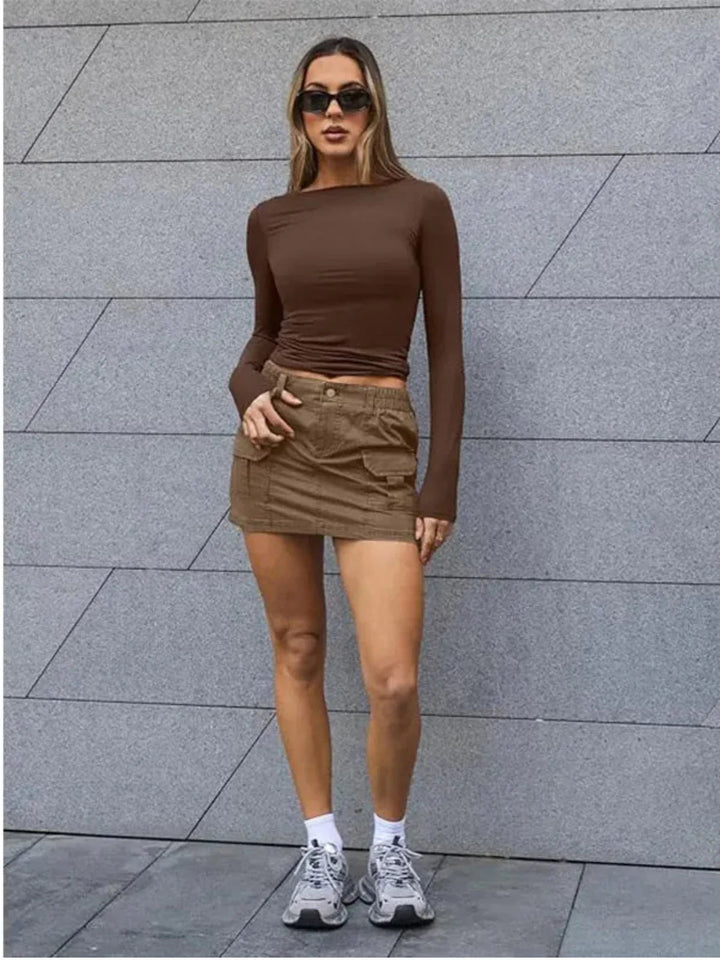 Slim Long-sleeved Solid Round Neck Top