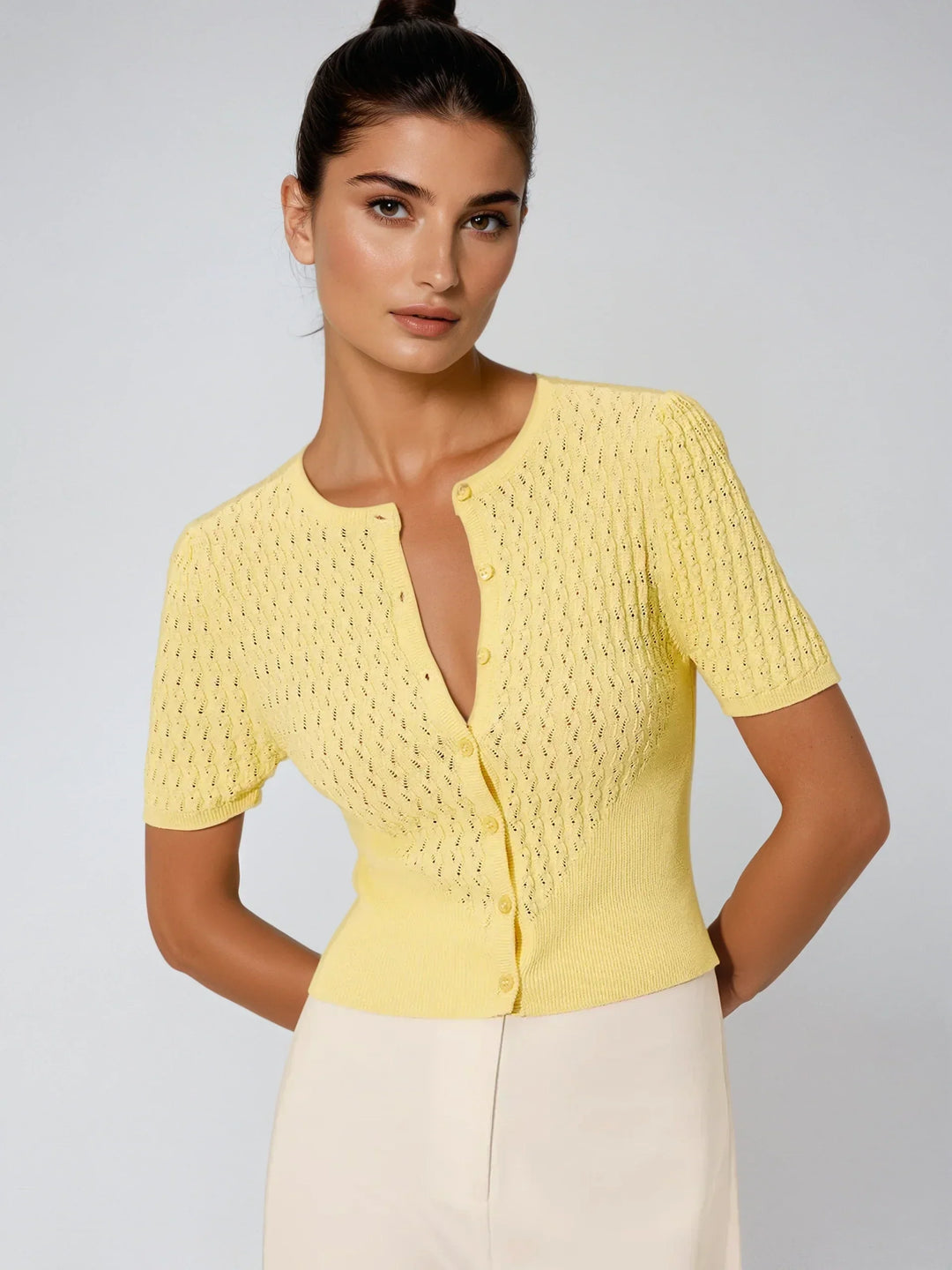 Sweet Lemon Hollow Knit Buttoned Top