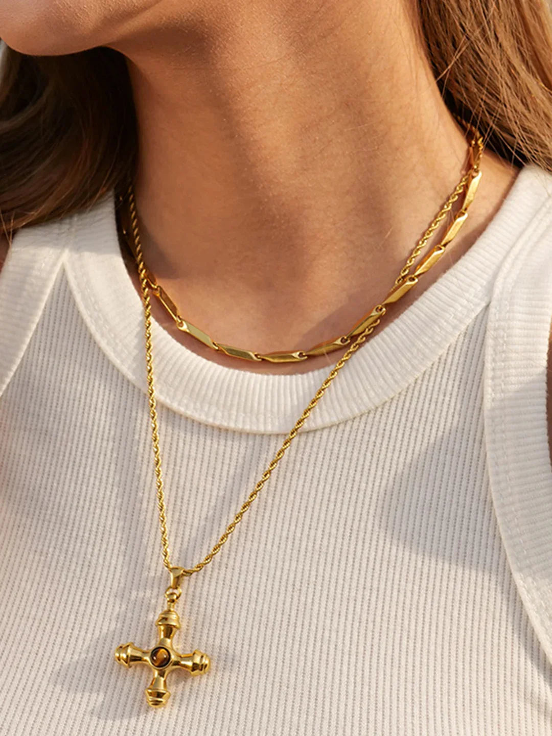 Cats Eye Stainless Steel Cross Necklace