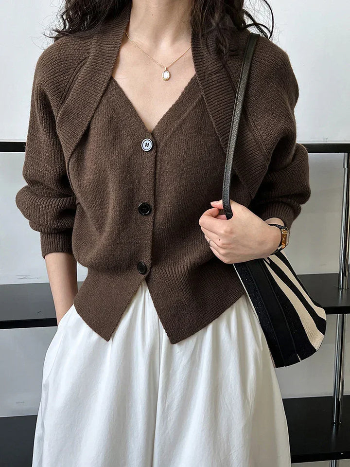 Single Breasted Patchwork V-neck Button Sweater