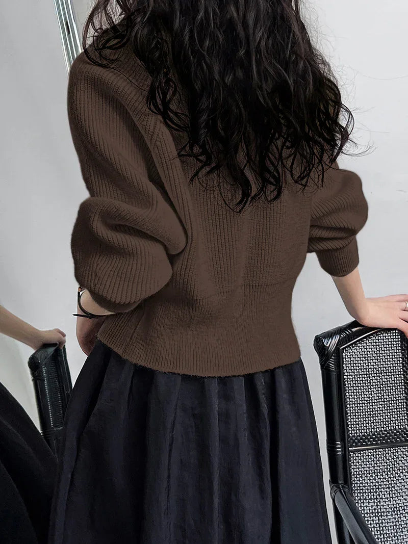 Single Breasted Patchwork V-neck Button Sweater