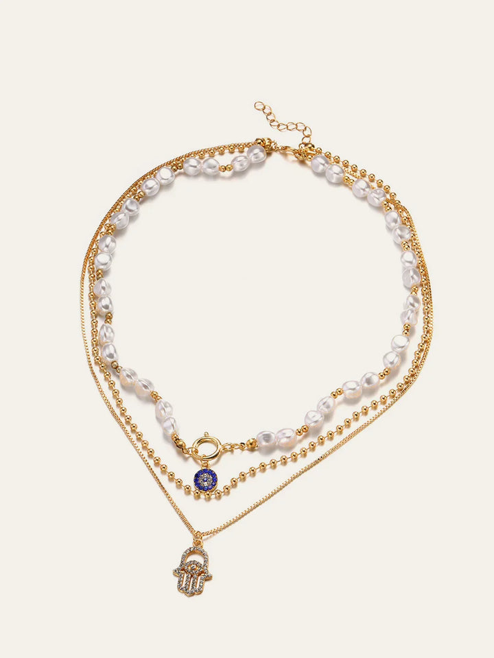 Pearl & Hamsa Hand Multi-Layer Necklace Set