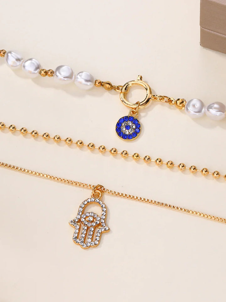 Pearl & Hamsa Hand Multi-Layer Necklace Set