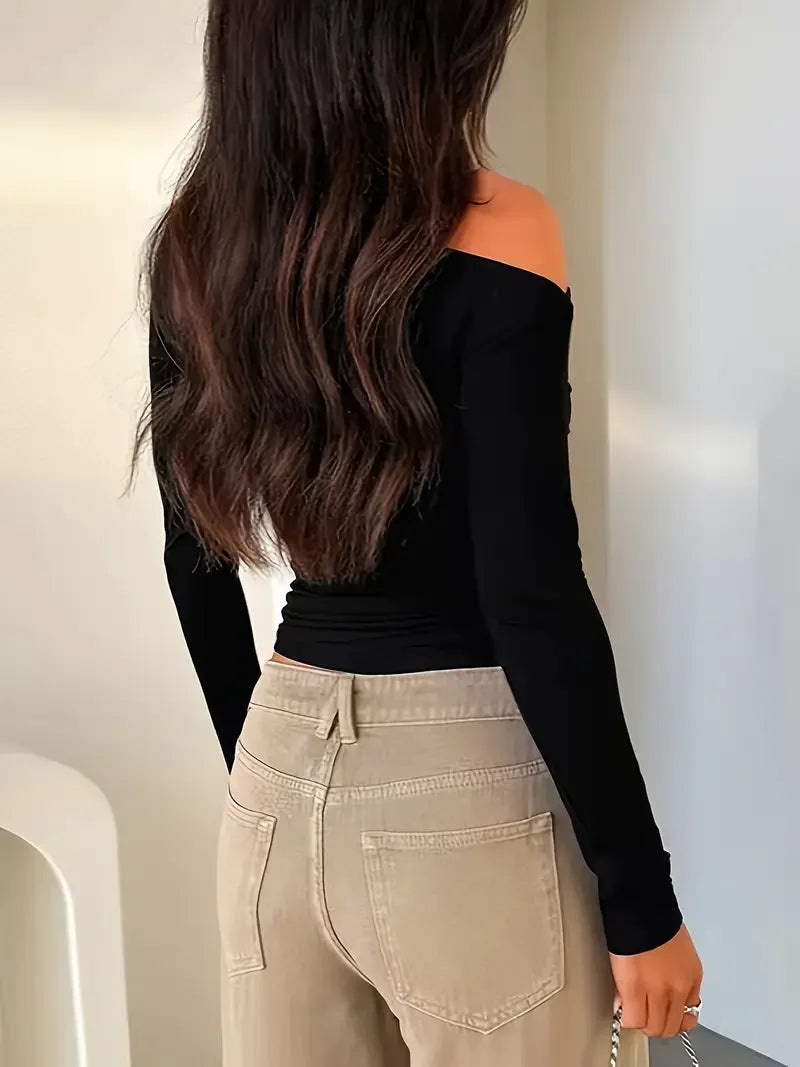 Casual Style Slant Shoulder Slim Long Sleeve Top