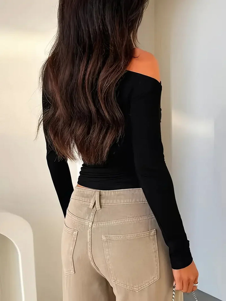 Casual Style Slant Shoulder Slim Long Sleeve Top