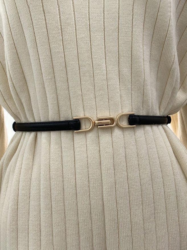 Minimalist Black Waist Belt with Gold Chain-Link Detail
