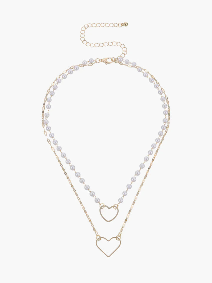 Layered Pearl Heart Charm Necklace